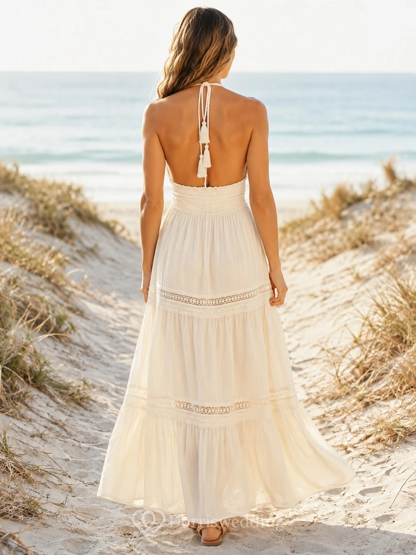 Boho Beach Halter Backless A-line Lace Trim Maxi Dress view 2