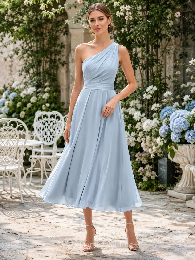 Blue Horizon A-Line Tea-Length One-Shoulder Sleeveless Chiffon Modern Guest Dress