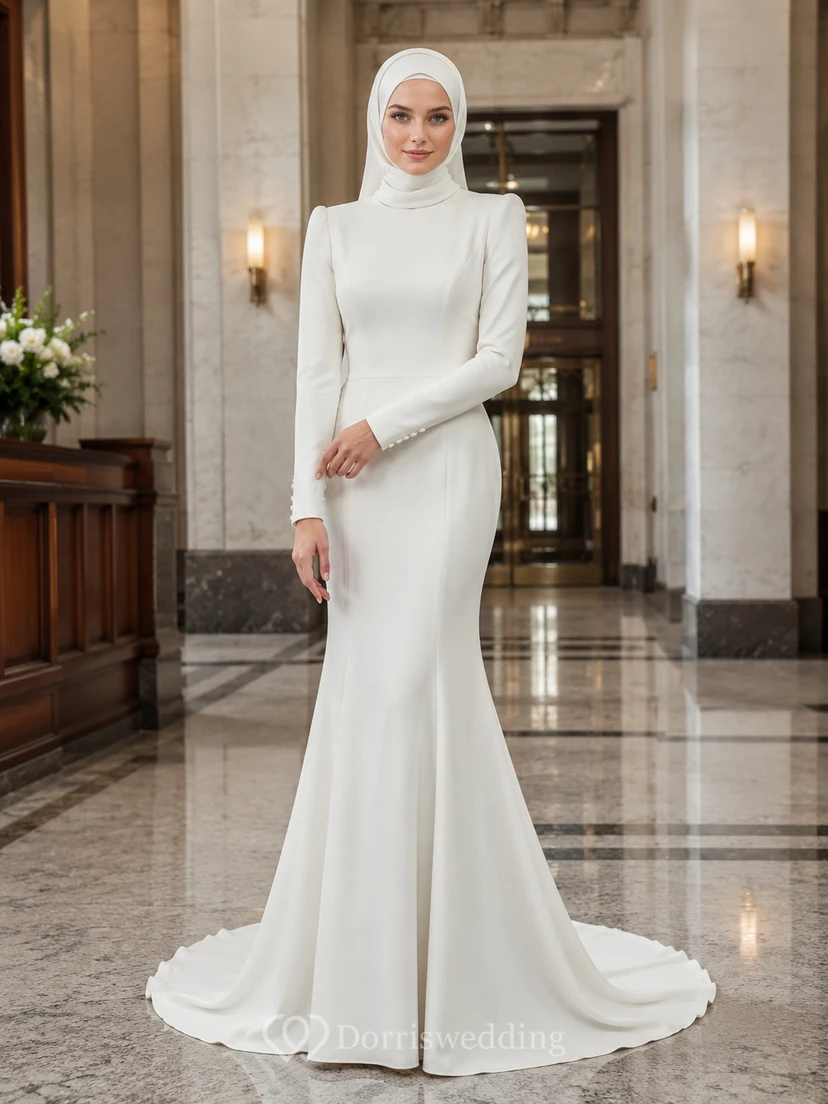 Standesamtliches muslimisches minimalistisches langärmeliges Meerjungfrauen-Hochzeitskleid