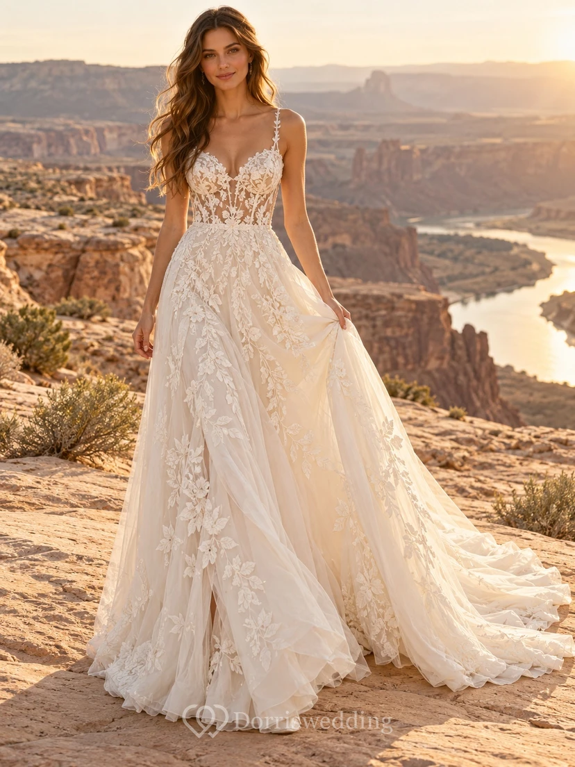 Boho V-neck Spaghetti Strap Floral Chiffon A-line Train Wedding Dress