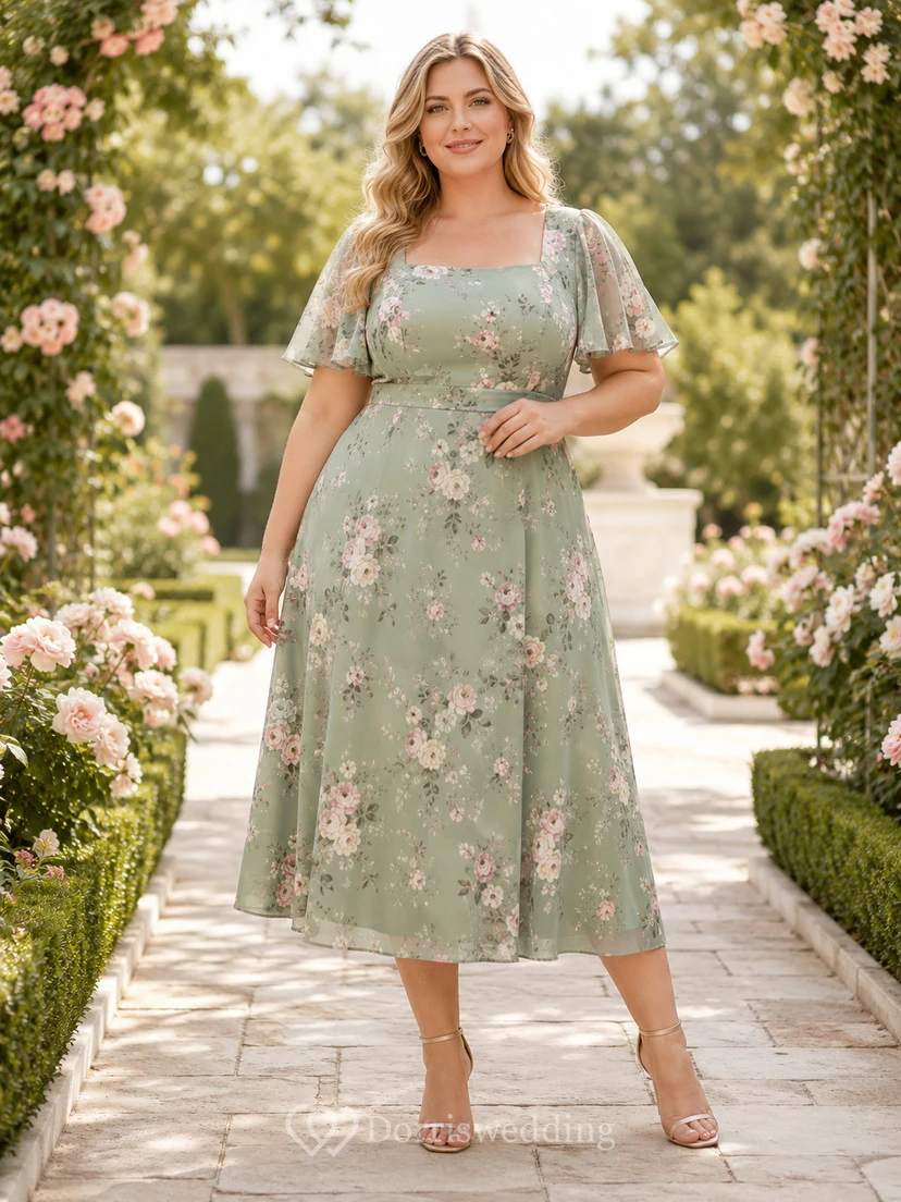 Robe de soirée grande taille en mousseline de soie à col carré et manches papillon, ornée de fleurs, taille Sage.