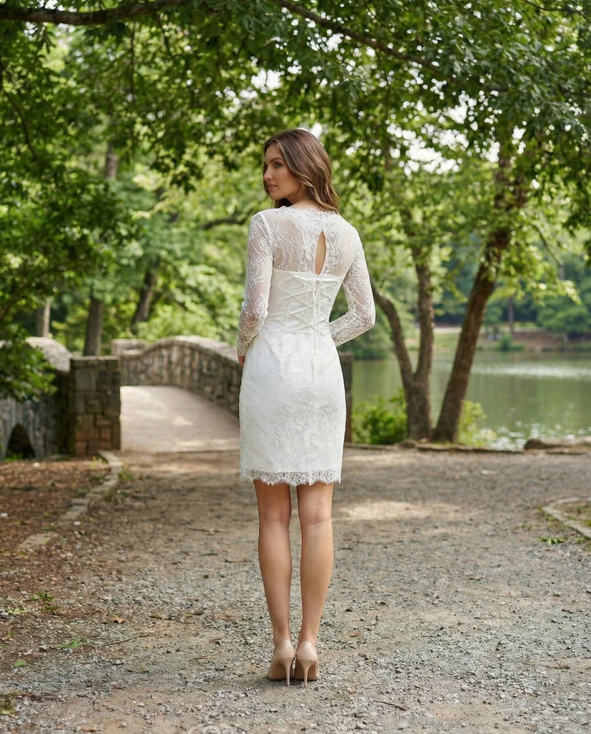 High Neck Lace Knee-Length Vow Renewal Dress view 2