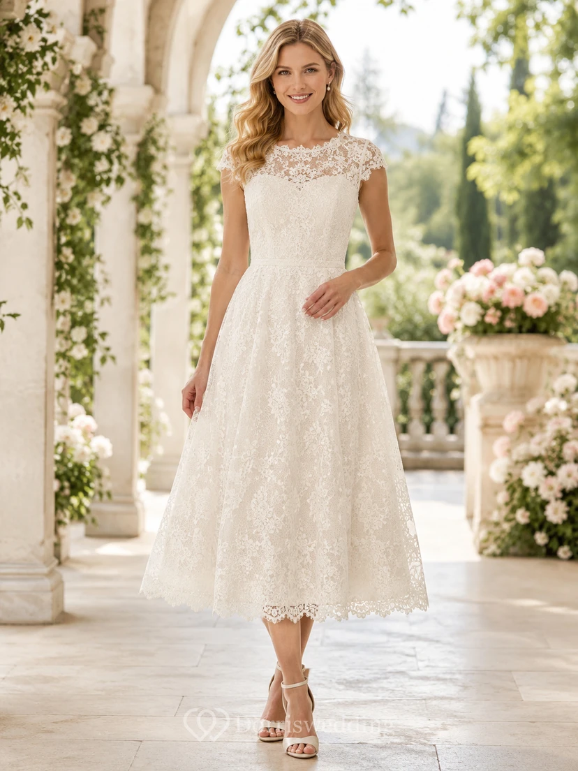 Cameo Collar Ivory A-Line Tea-Length High-Neck Short-Sleeve Lace Vintage Guest Dress
