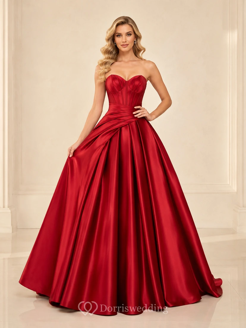 Lujoso vestido de noche formal rojo sin tirantes con escote corazón, fruncido y cola larga, de satén.