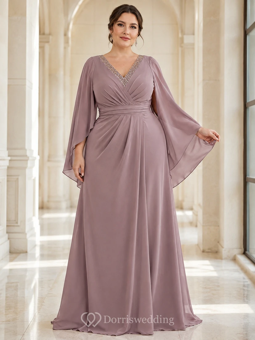 Vestido largo de gasa fruncida con escote en V, mangas acampanadas y corte en A, color malva maduro.