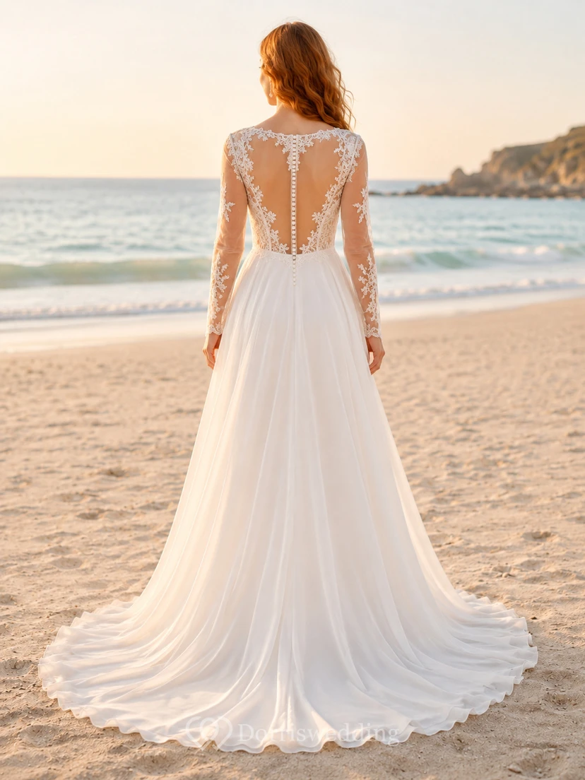 Chiffon Lace Wedding Dress A-Line V-Neck Long Sleeve Sweep Train Bridal Gown view 2