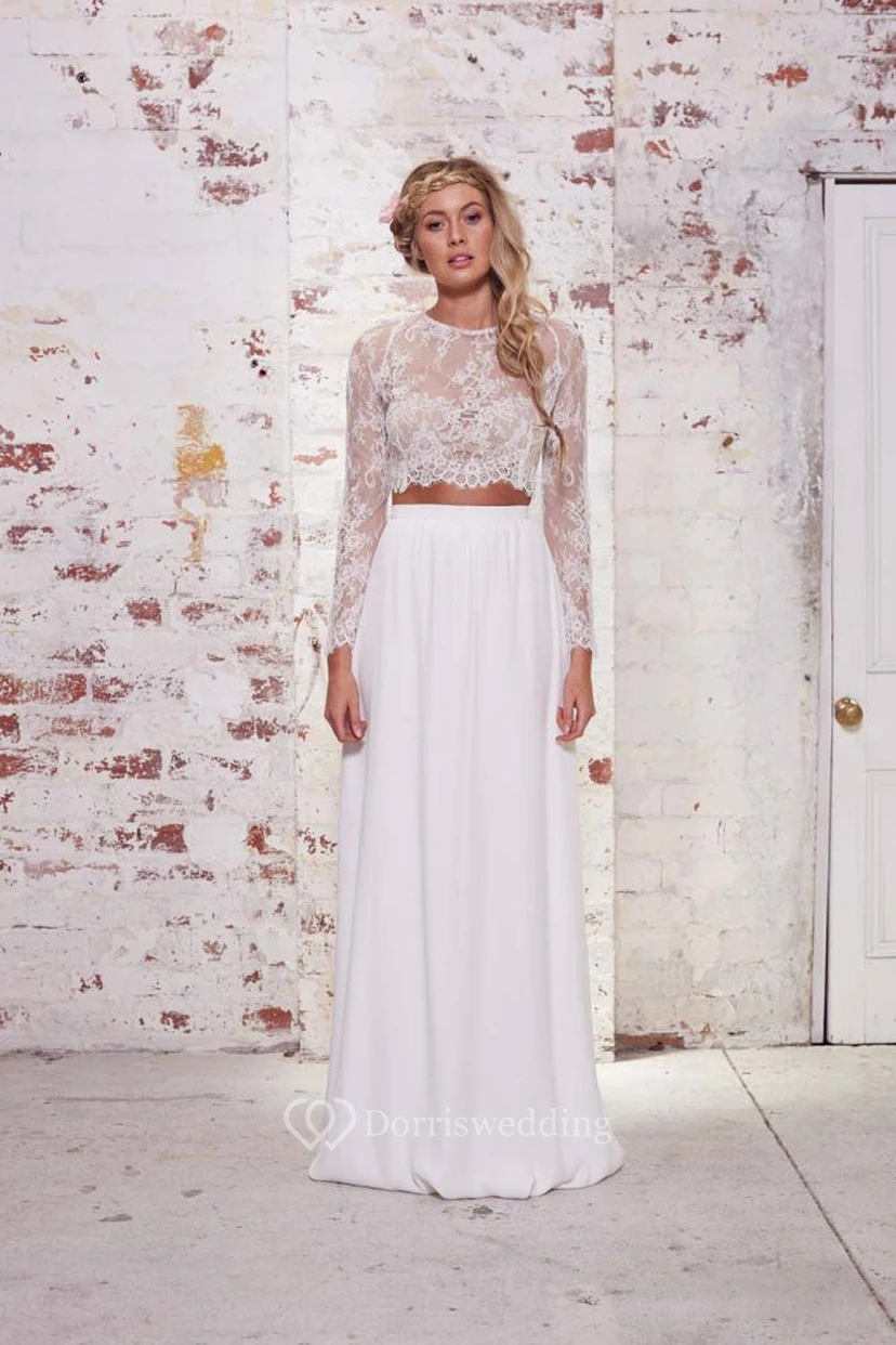 Ätherisches, zweiteiliges, bodenlanges Boho-Hochzeitskleid mit Falten für große Bräute view 3