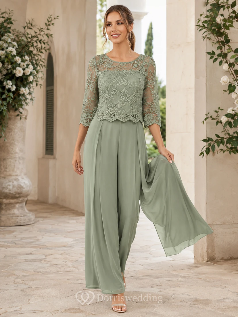 Traje de dos piezas de gasa con mangas tres cuartos de encaje y pantalón ancho para invitada, color verde salvia.