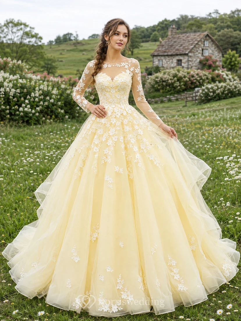 Yellow Long Sleeve Floral Ball Gown Cottage Bridal Dress