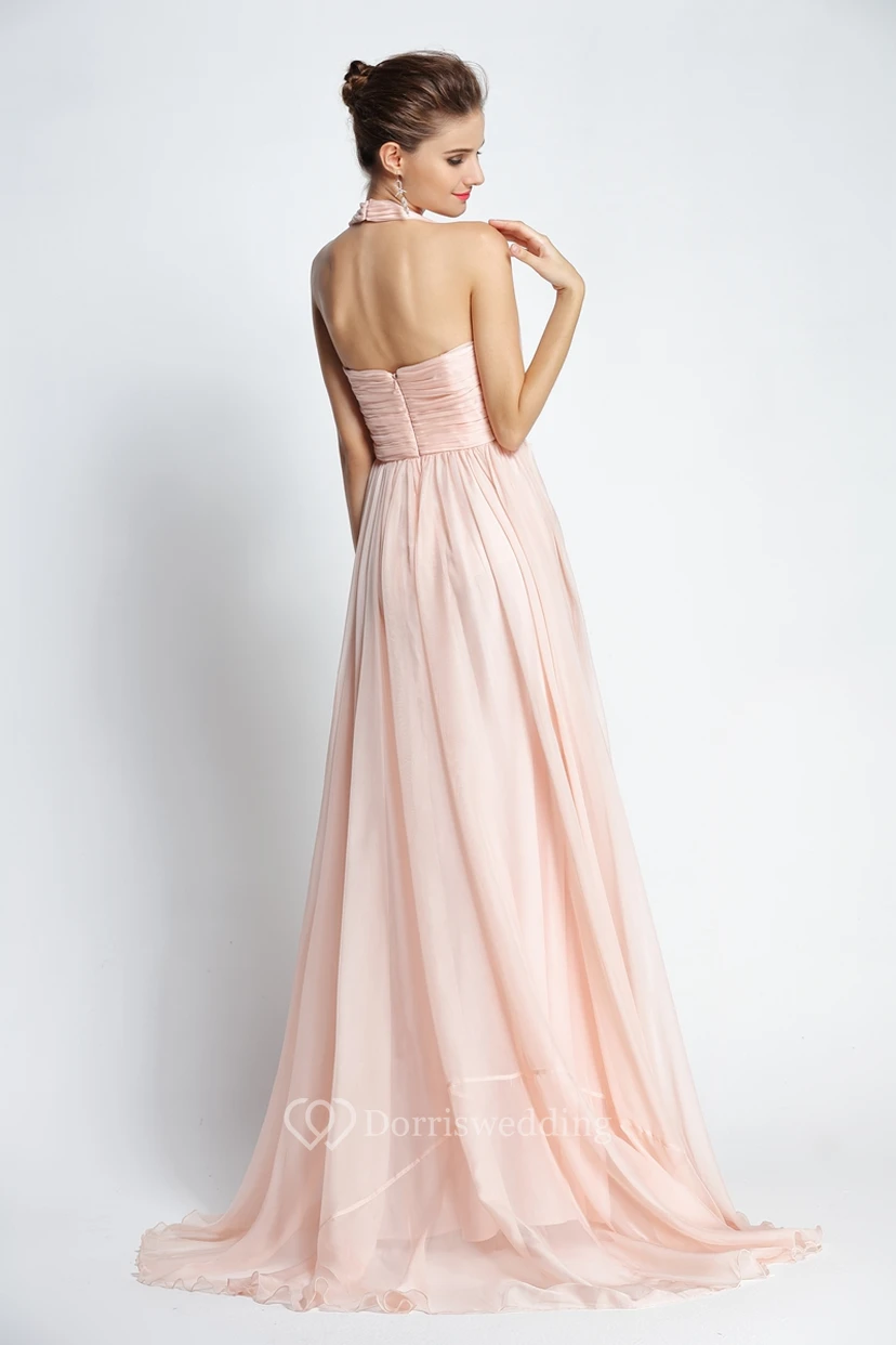 A-Linien-Abendkleid aus Chiffon, bodenlang, mit Schleppe, Neckholder, ärmellos, mit Applikationen und Falten view 2