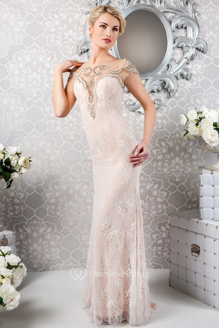 Sheath Scoop-Neck Beaded Long Sleeveless Lace Evening Dress