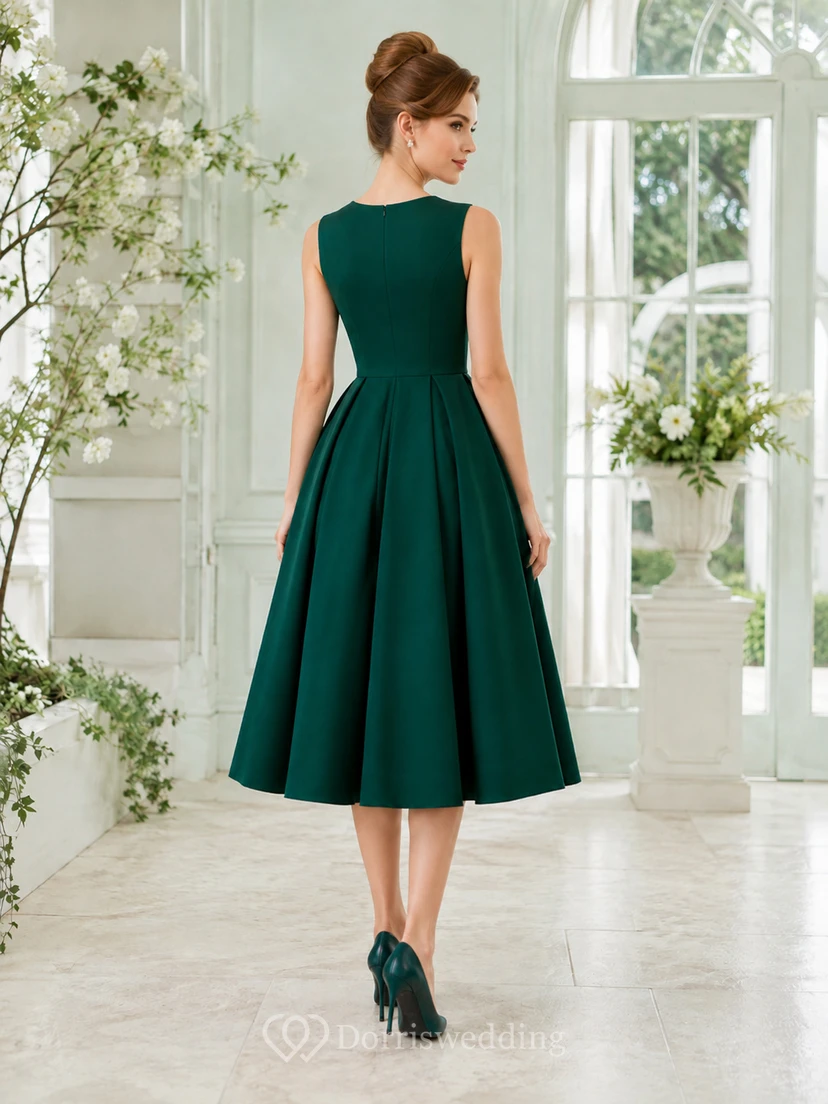 Vestido de cóctel vintage de satén plisado sin mangas con cuello alto, color verde oscuro view 2