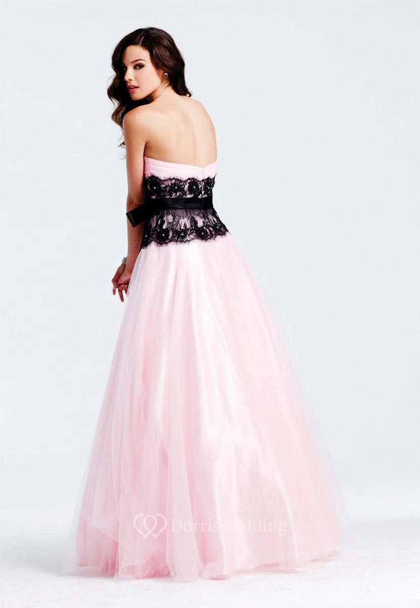 Sweetheart Black Lace Prom Dresses With Hot Bridalsmaid Pink Pleated Tulle Bow Ruffle Gown view 2