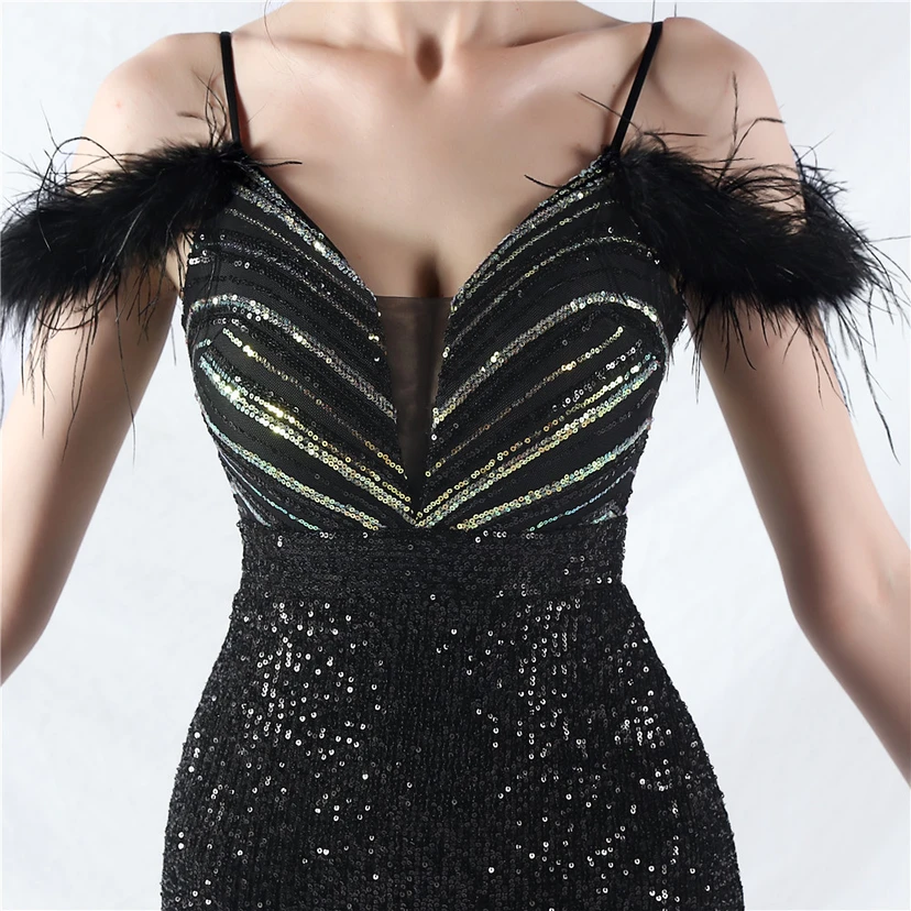 Elegantes Abendkleid mit Straußenfedern und Perlen, sexy, lang, mit Trägern und Schlitz view 37