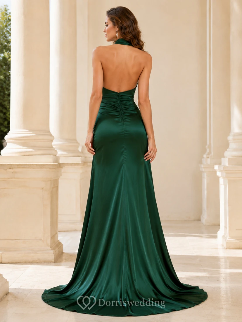 Dark Green Halter Satin Slit Mermaid Evening Dress view 2