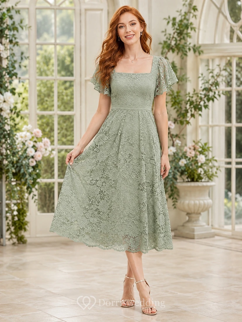 Sage Scoop Neck Petal Sleeve Lace A-Line Tea-length Garden Dress