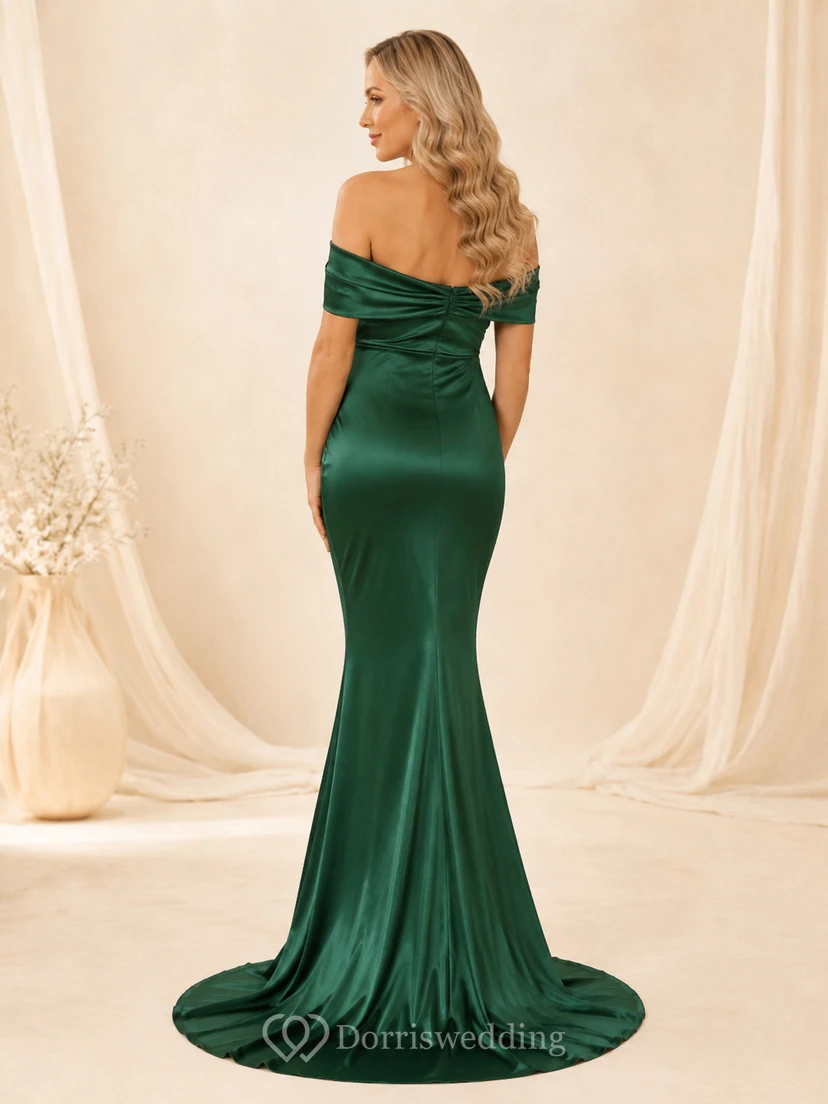 Dunkelgrünes Umstands-Abendkleid aus Satin mit schulterfreiem Ausschnitt und Meerjungfrauen-Schnitt view 2