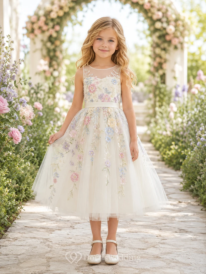 Pastel Floral Embroidery Elegant Princess Tea-Length A-Line Tulle Illusion Neck Flower Girl Dress