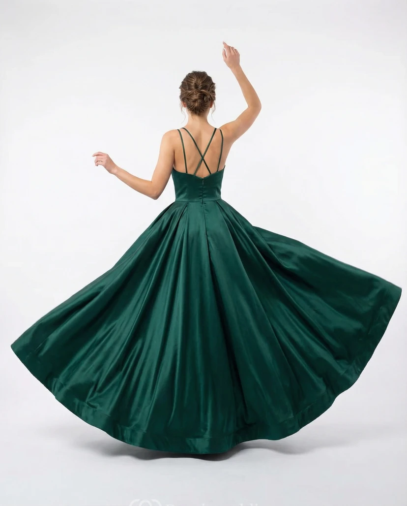 Vestido de fiesta de satén verde oscuro con escote en V y corte en A, tirantes finos. view 2