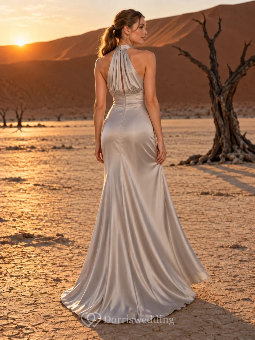 Simple High Neck Halter Sleeveless Silver Satin Gathered Bodice Sheath Wedding Dress view 2