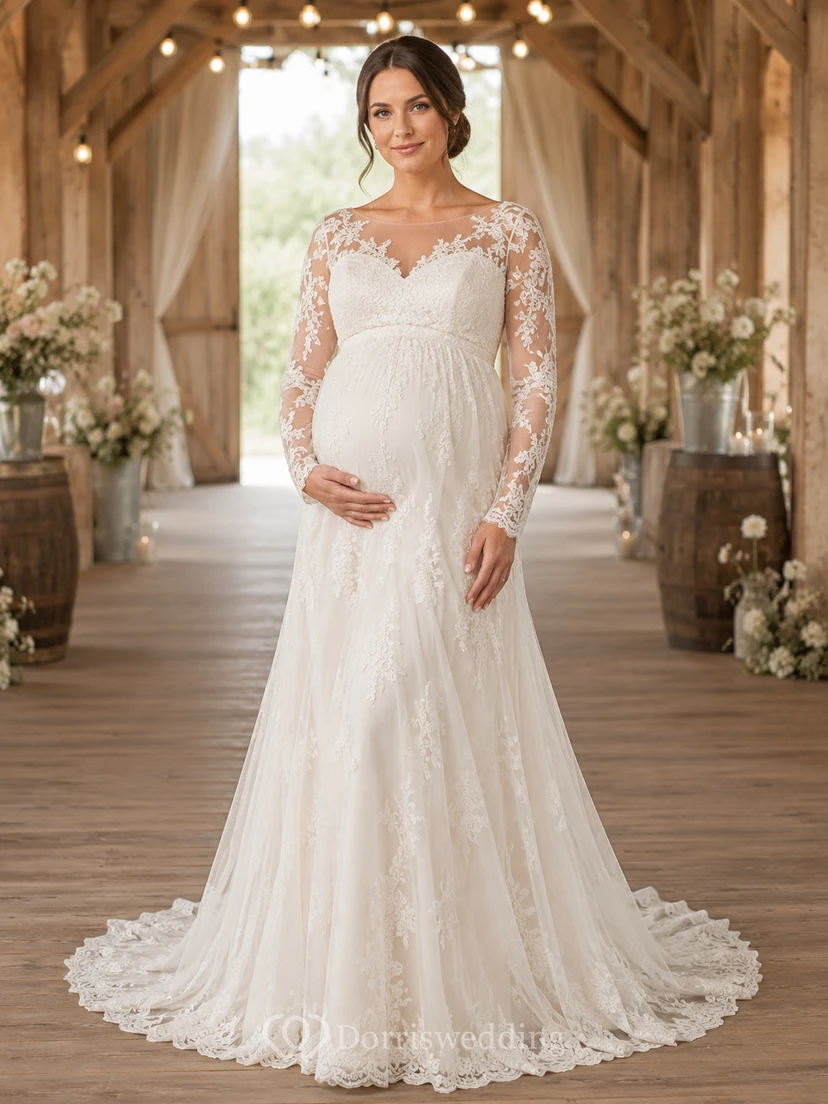 Maternity Wedding Dress Long Sleeve Illusion Lace A-Line Gown with Formal Train