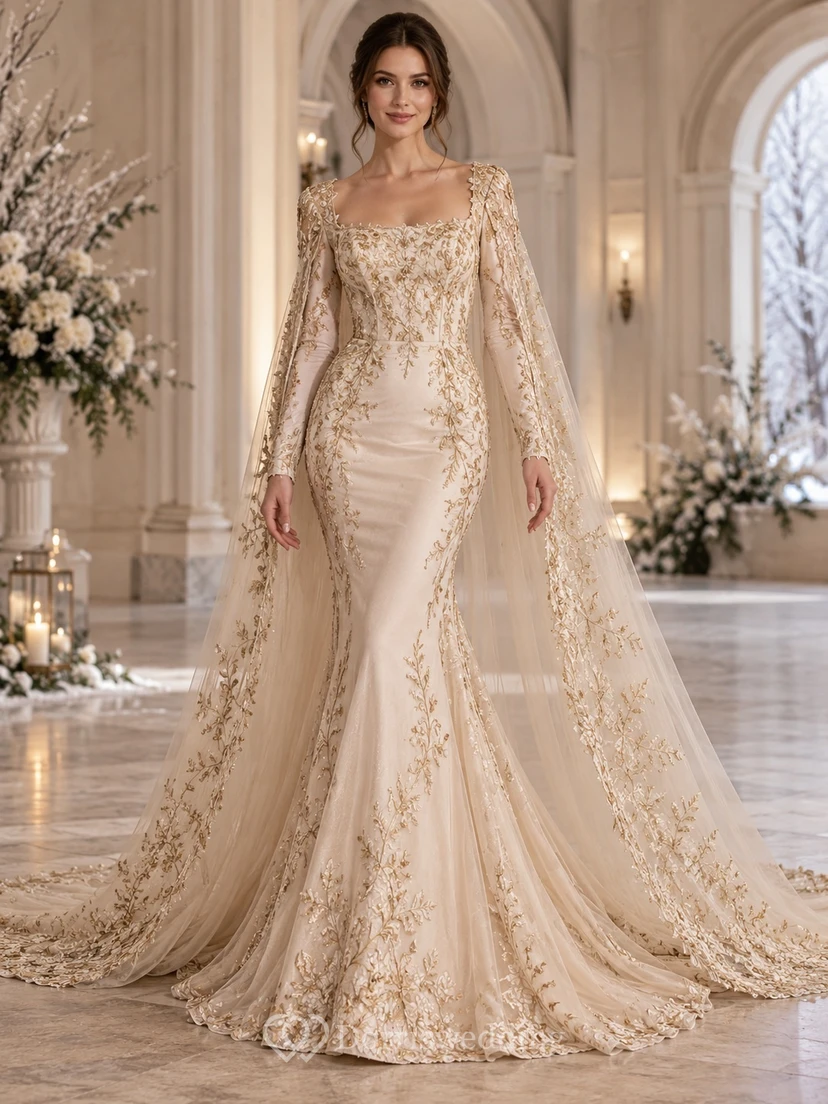 Vestido de novia de sirena con capa bordada, manga larga, cuello cuadrado, color champán y dorado, ideal para invierno.