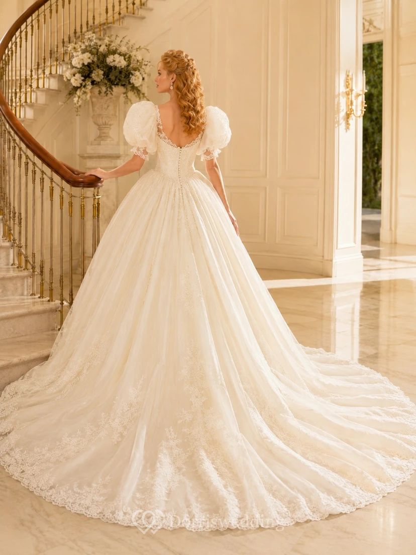 Vestido de novia vintage romántico de manga corta con escote en V y encaje color crema view 2