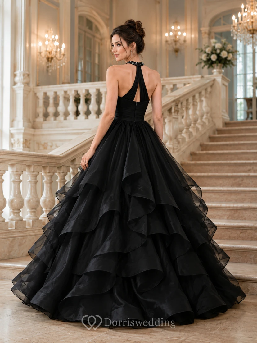 Vestido de fiesta largo hasta el suelo, negro, sin mangas, de organza y tul con volantes en cascada, estilo Keykole. view 2