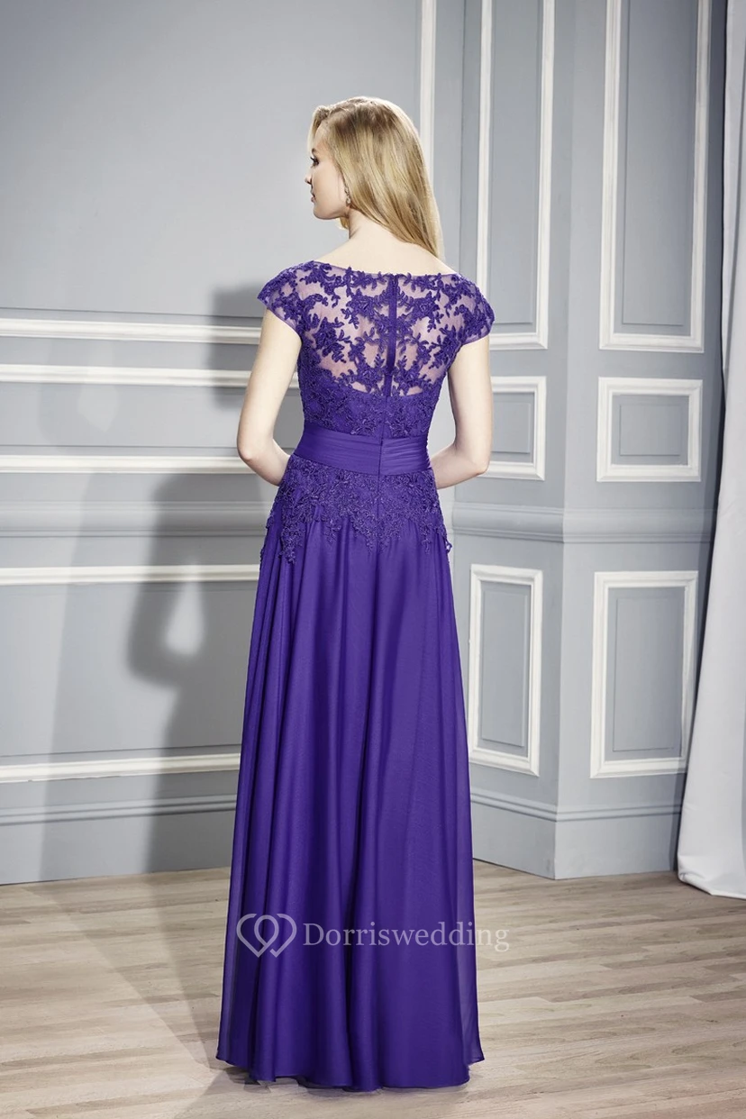 A-Line Long Cap-Sleeve Appliqued V-Neck Chiffon Formal Dress view 2