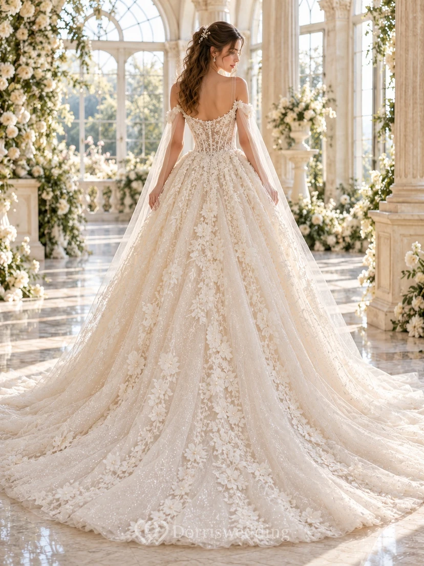 Off Shoulder Corset Floral Lace Cape Ball Gown Wedding Dress view 2