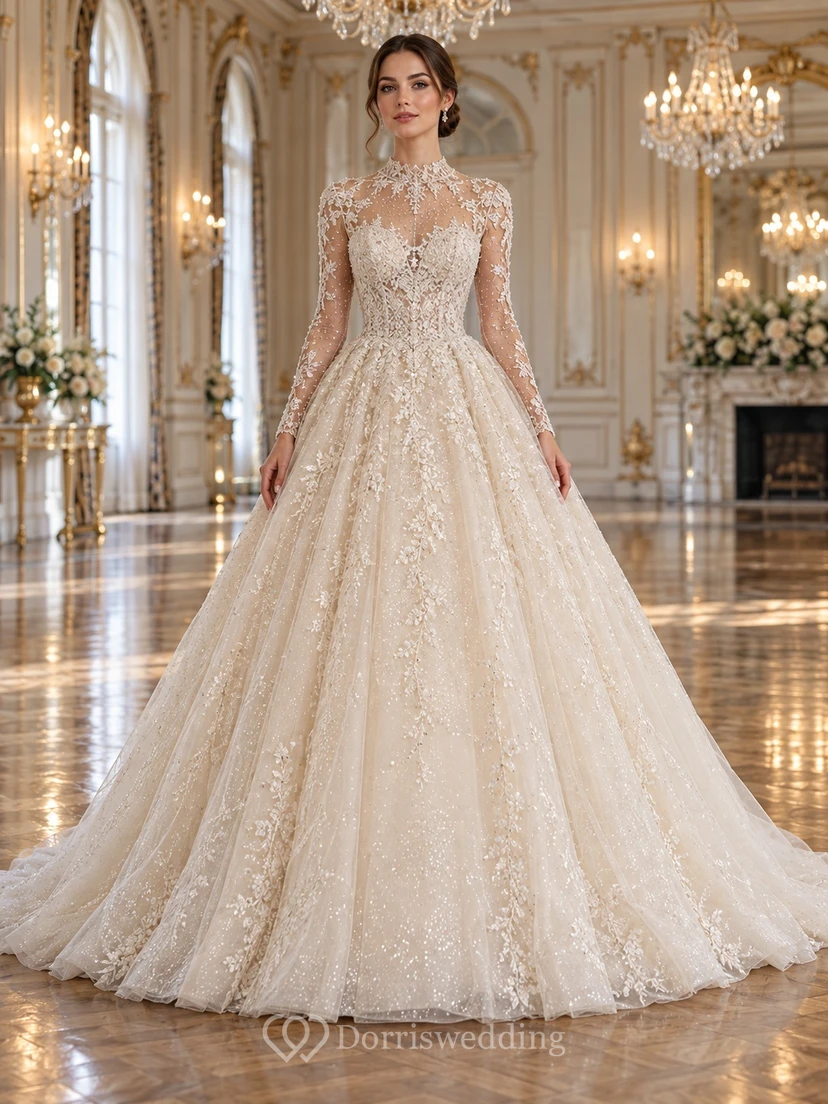 Vestido de novia de gala con cola capilla, encaje con cuentas y mangas largas, color champán.