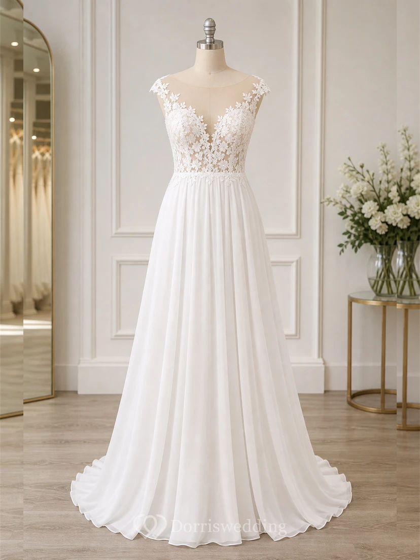 Chiffon-Etui-Brautkleid mit schulterfreiem Ausschnitt und schlichter Spitzenapplikation view 7