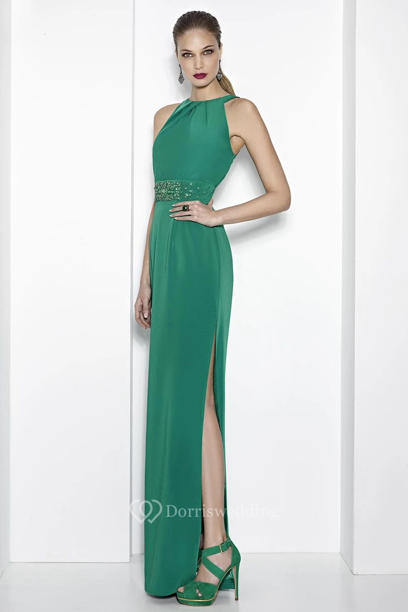 Sheath Floor-Length Split-Front High Neck Sleeveless Jersey Prom Dress