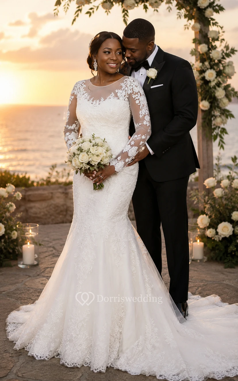 White Plus Size Long Sleeve Lace Mermaid Wedding Dress view 3