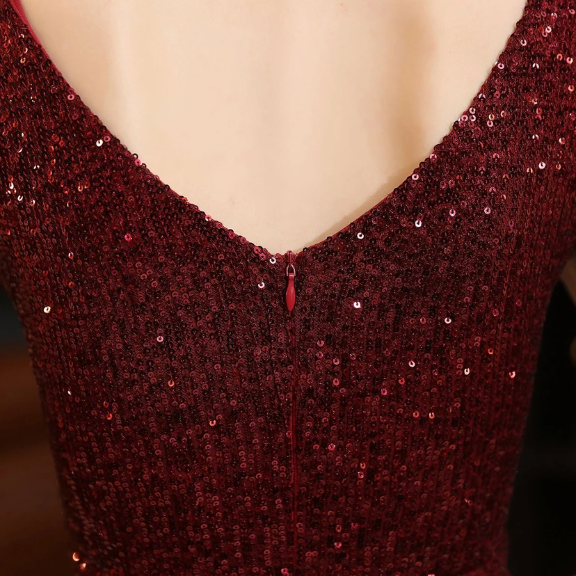 Vestido de noche elegante, largo, sin mangas, con lentejuelas y cola de sirena, estilo banquete. view 47
