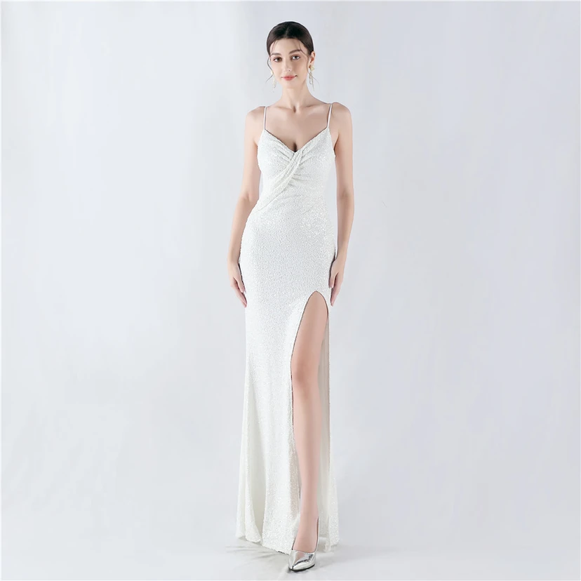 Robe de soirée sexy à sequins et fente haute, avec bretelles et encoche cryptée view 64