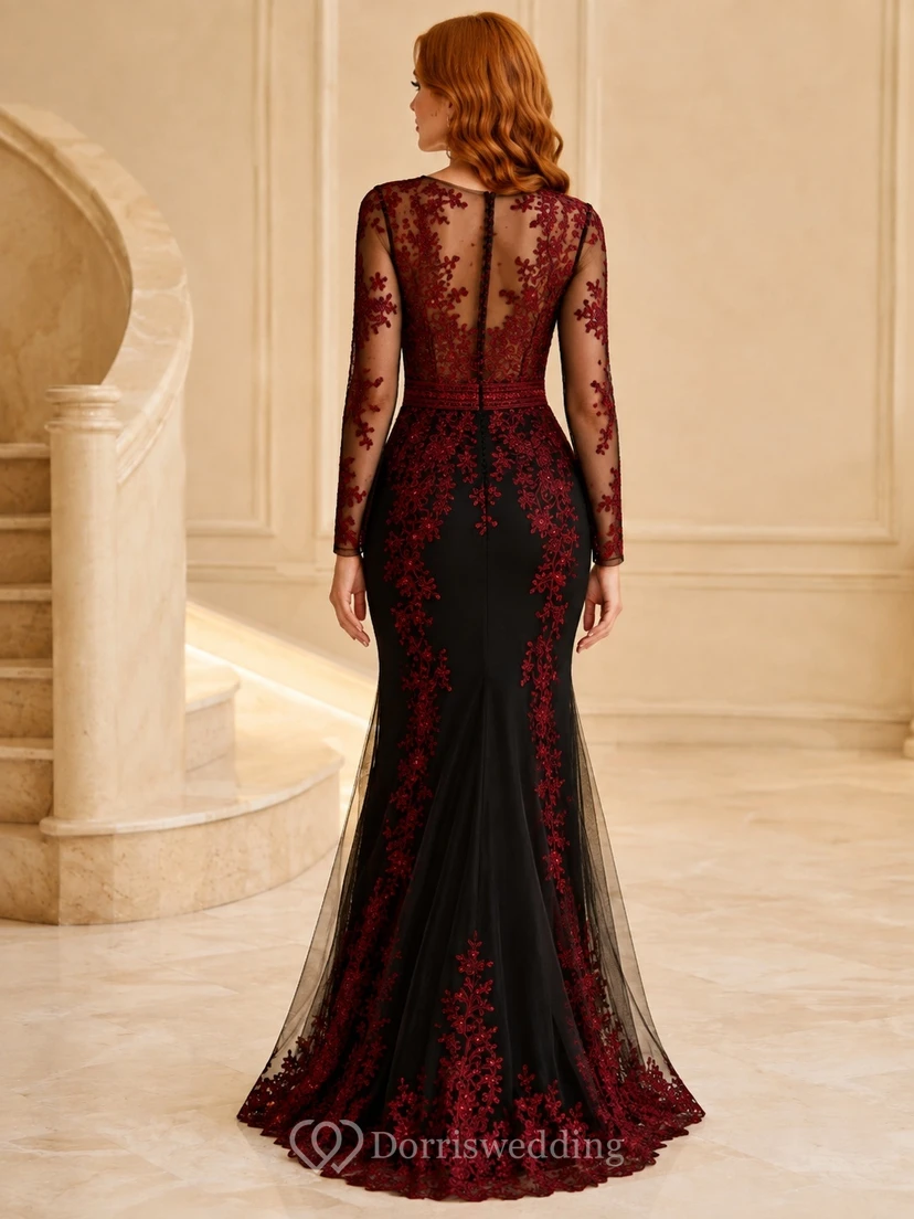 Black Red Floral Lace V-Neck Long Sleeve Mermaid Formal Evening Gown view 2