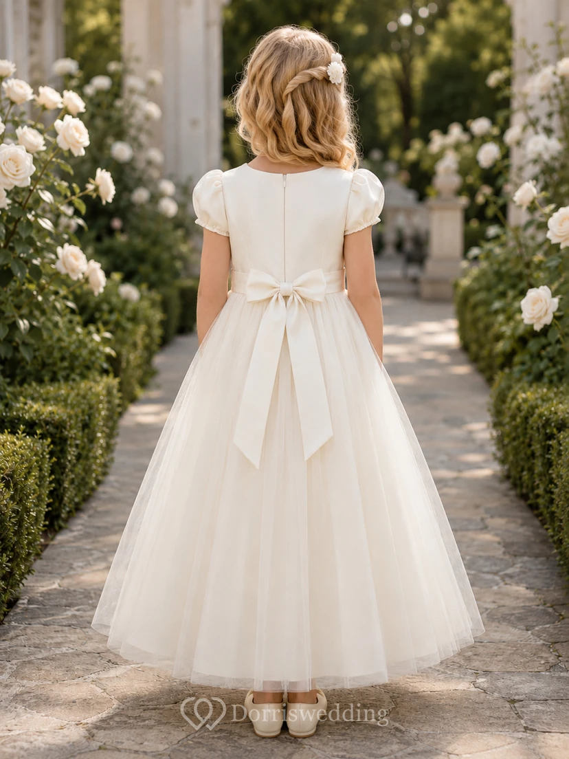 Flower Girl Dress Ivory Lace Tulle A-Line Jewel Neck Tea Length view 2