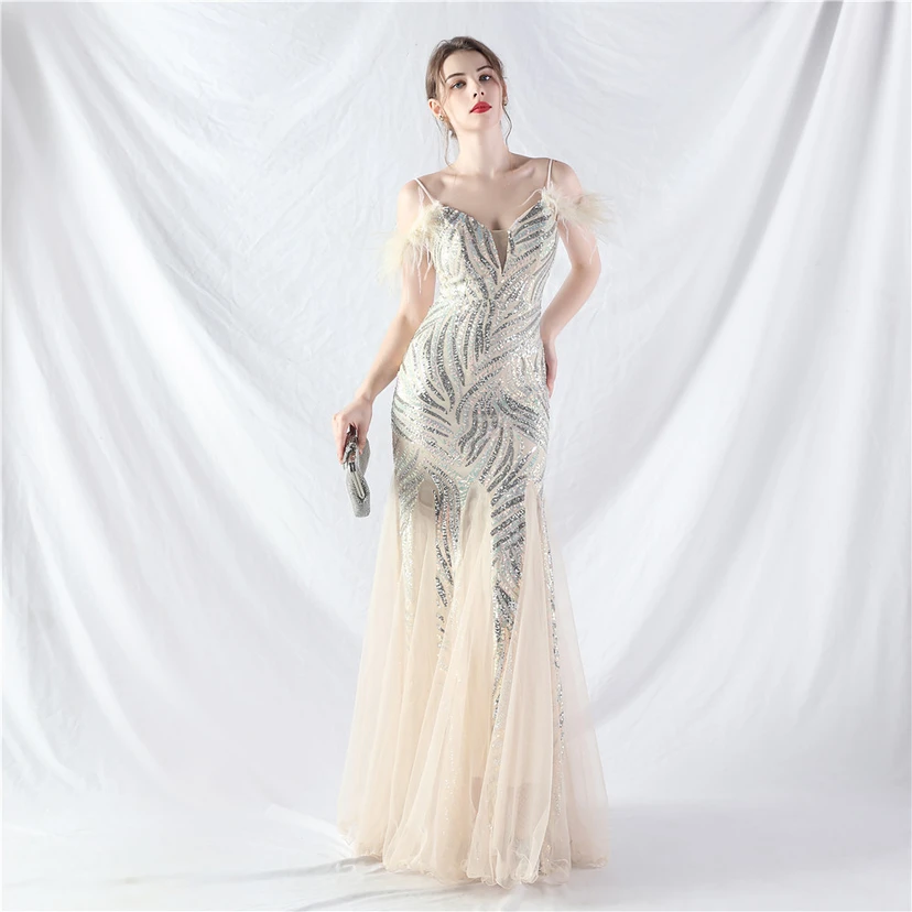 Crafted Ostrich Feather Stacked Sequins Splicing Mesh Gauze High-End Evening Dress Clothes view 75
