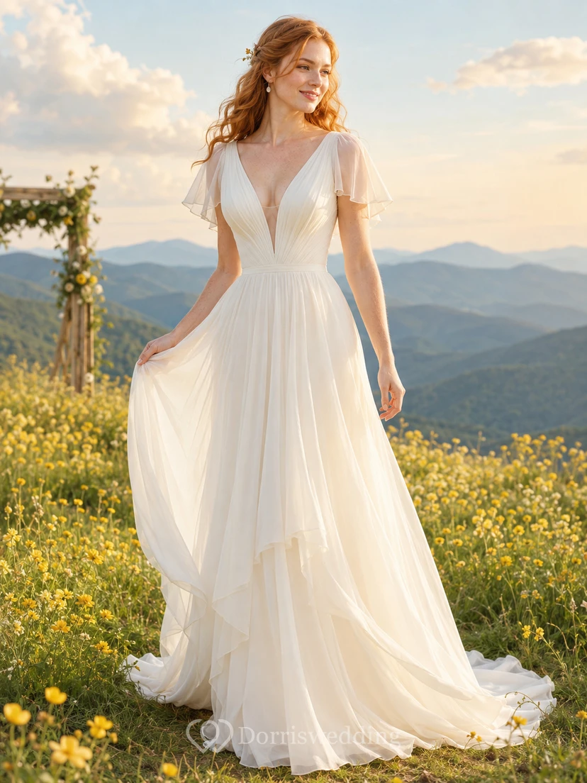 Plunging Flutter Sleeve Chiffon Mountain Meadow Bridal Gown