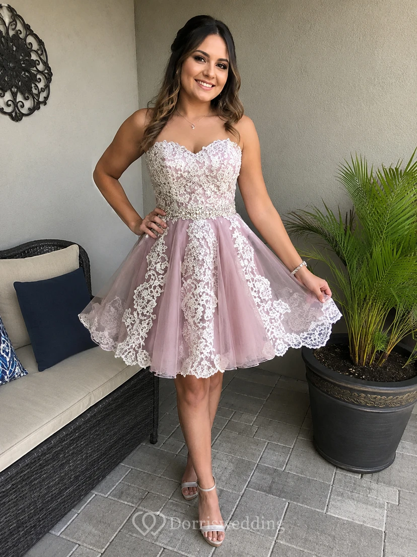 Ärmelloses, kurzes Mini-Abendkleid in A-Linie aus Spitze und Tüll mit Herzausschnitt, offenem Rücken und Reißverschluss view 10