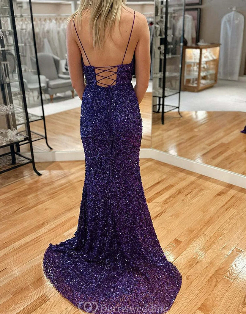Vibrant Purple Sequin Mermaid Gown with Cowl Neckline view 5