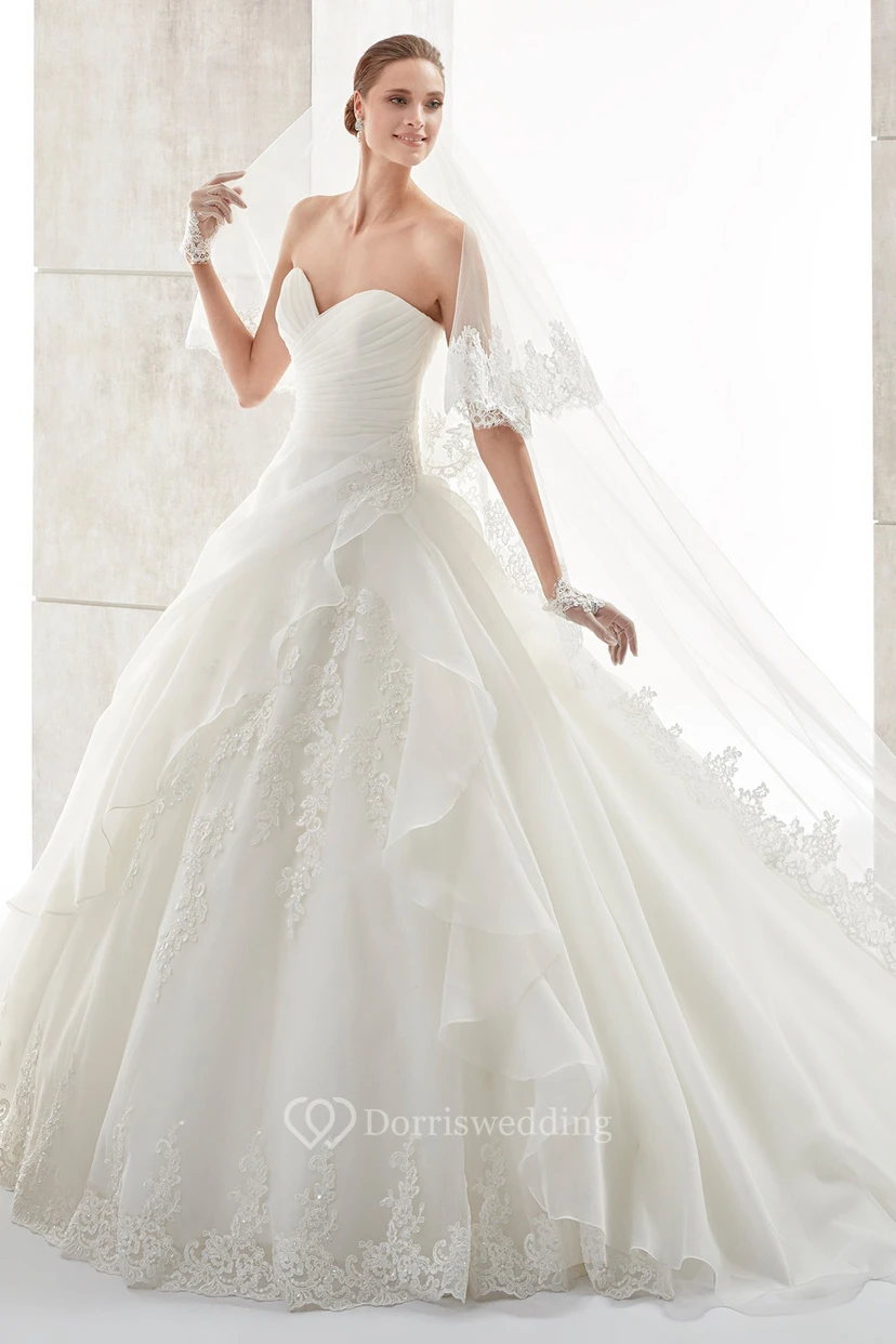 Sweetheart A-line Wedding Gown with Side Ruffles and Pleated Bodice
