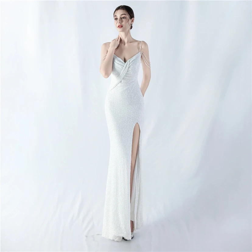 Robe de soirée sexy à bretelles et fente haute, ornée de perles et de perles artisanales. view 46