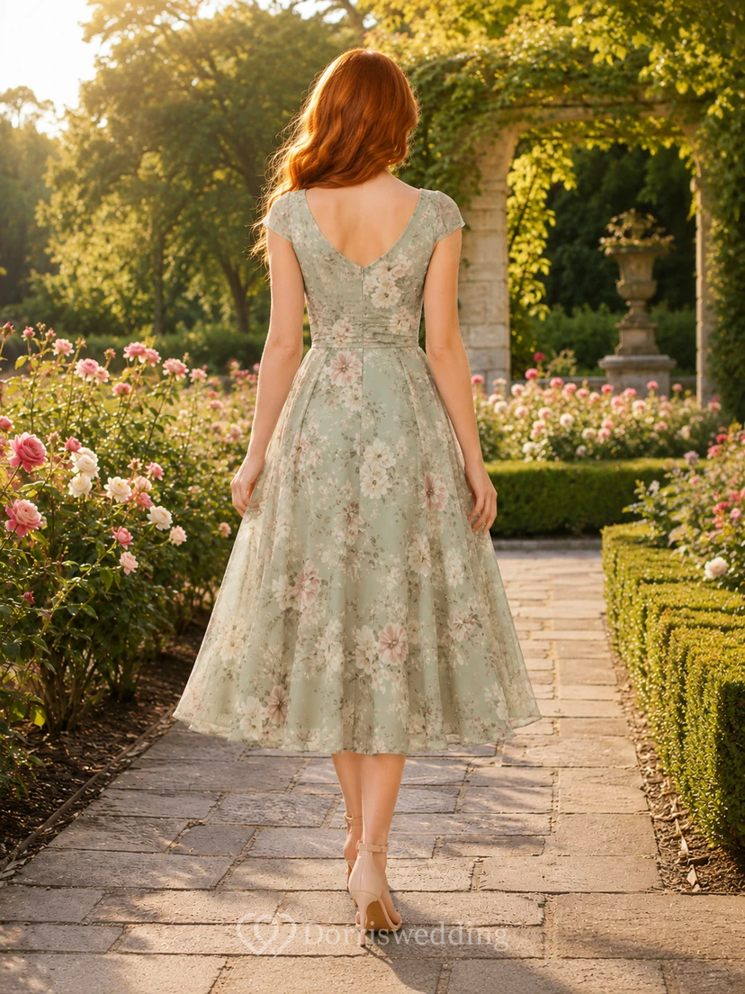 Sage Floral Cap Sleeve A Line Family Portrait Dress view 2