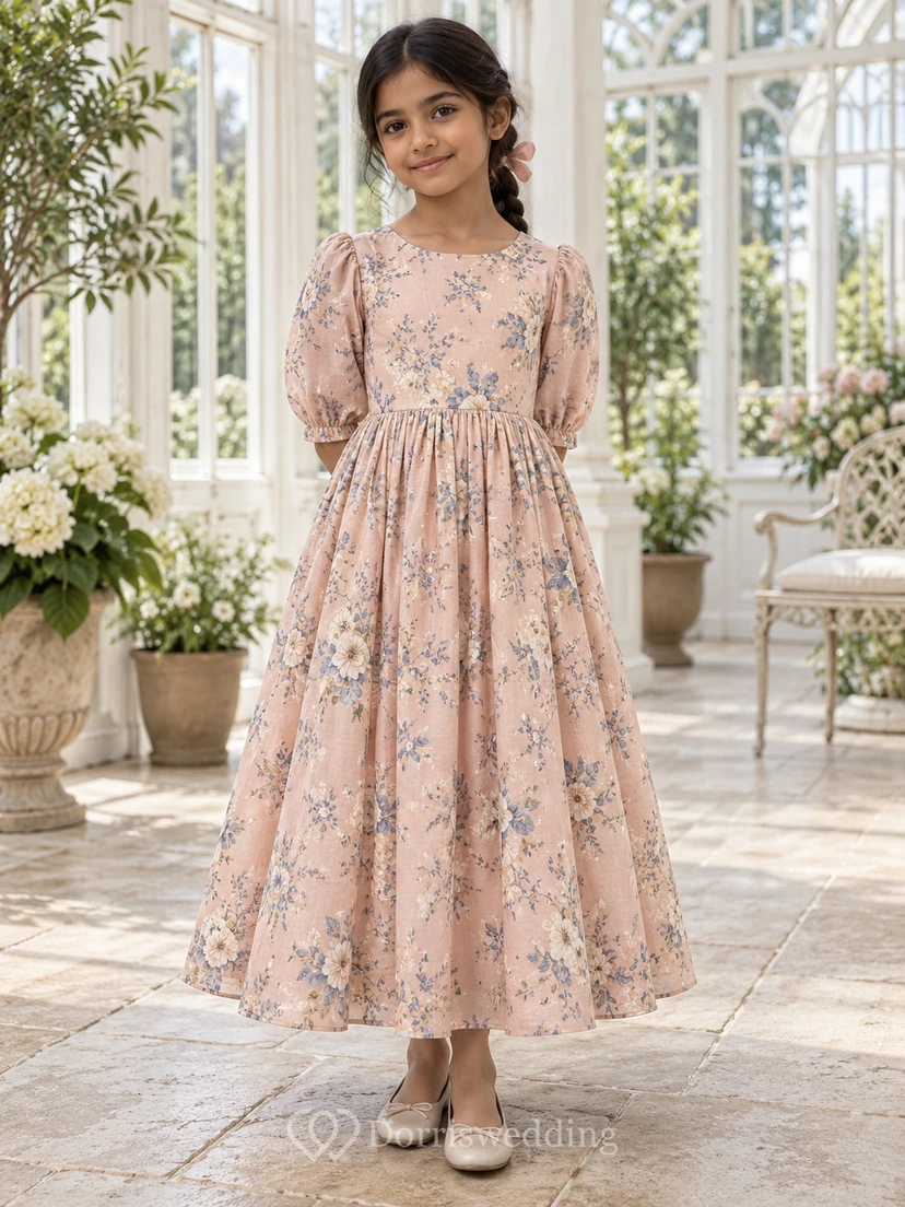 Schlichtes rosa Blumenkleid in A-Linie mit Print, Puffärmeln, Knöchellänge und Schleife am Rücken
