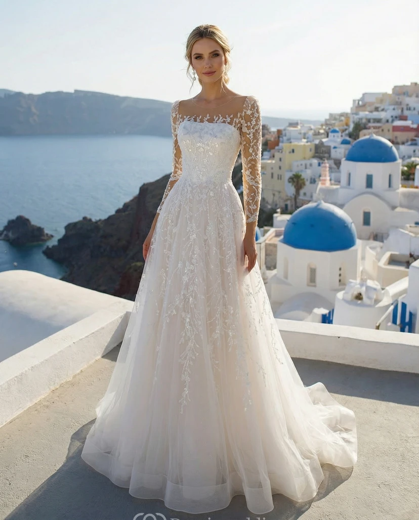 3/4 Sleeve Bateau Neck Elegant Wedding Gown