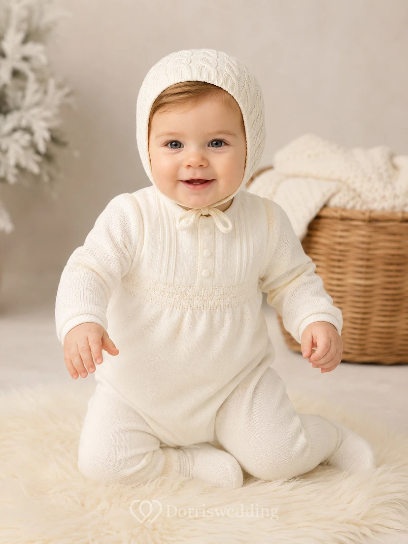 Elfenbeinfarbener, langärmeliger Baby-Taufoverall mit Zopfmuster, Haube und Abnähern