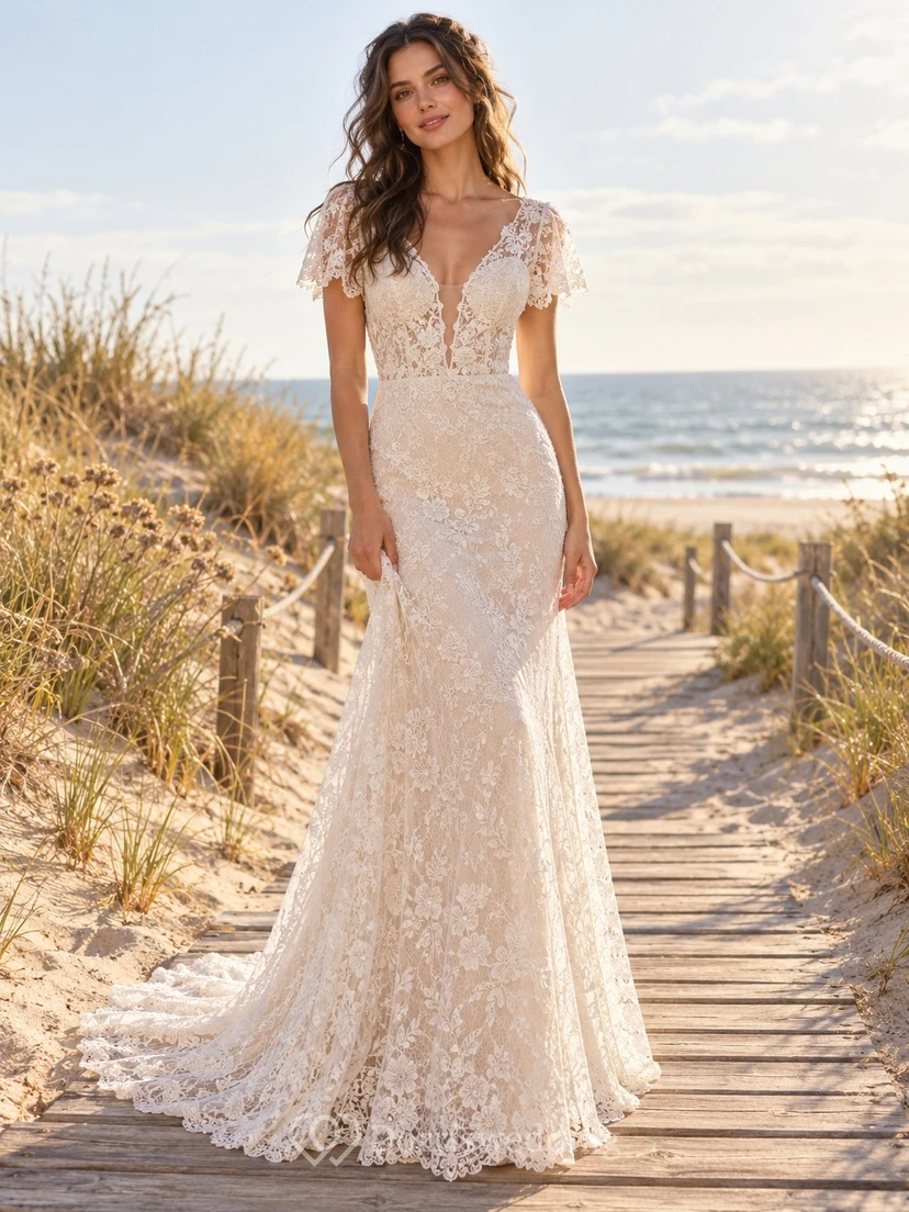 Short Flutter Sleeve Plunge V-neck Fitted Lace Wedding Dress