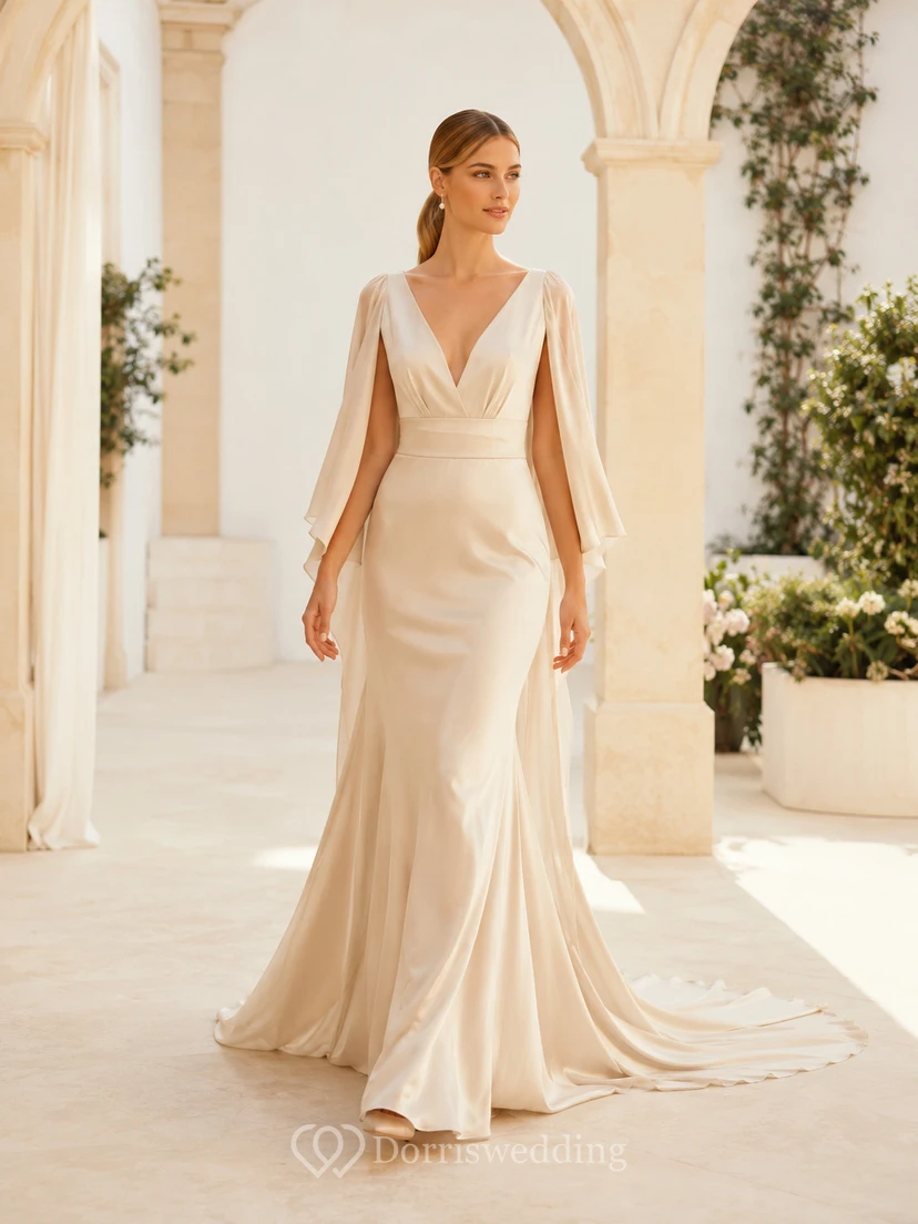 Robe de mariée élégante en satin, décolleté en V profond, manches cape, coupe fourreau, longueur au sol